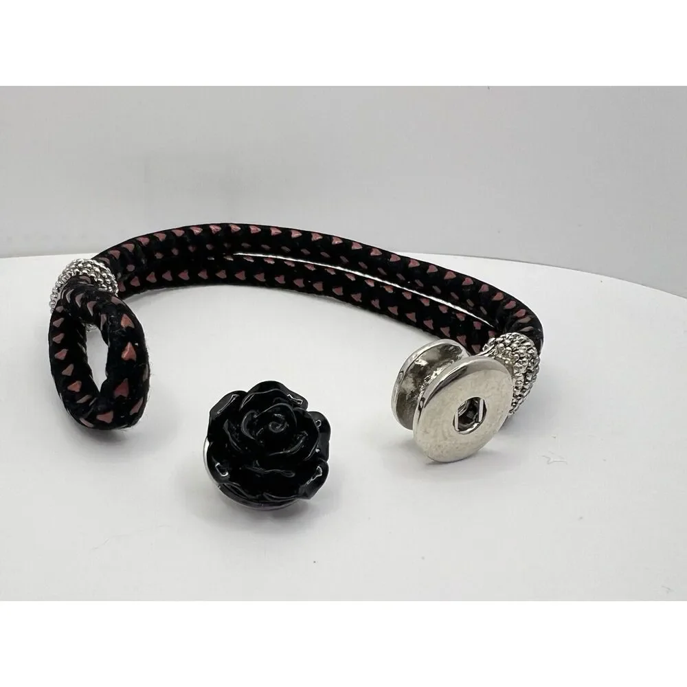 Snap Jewelry Black W Red Leather Bracelet 8